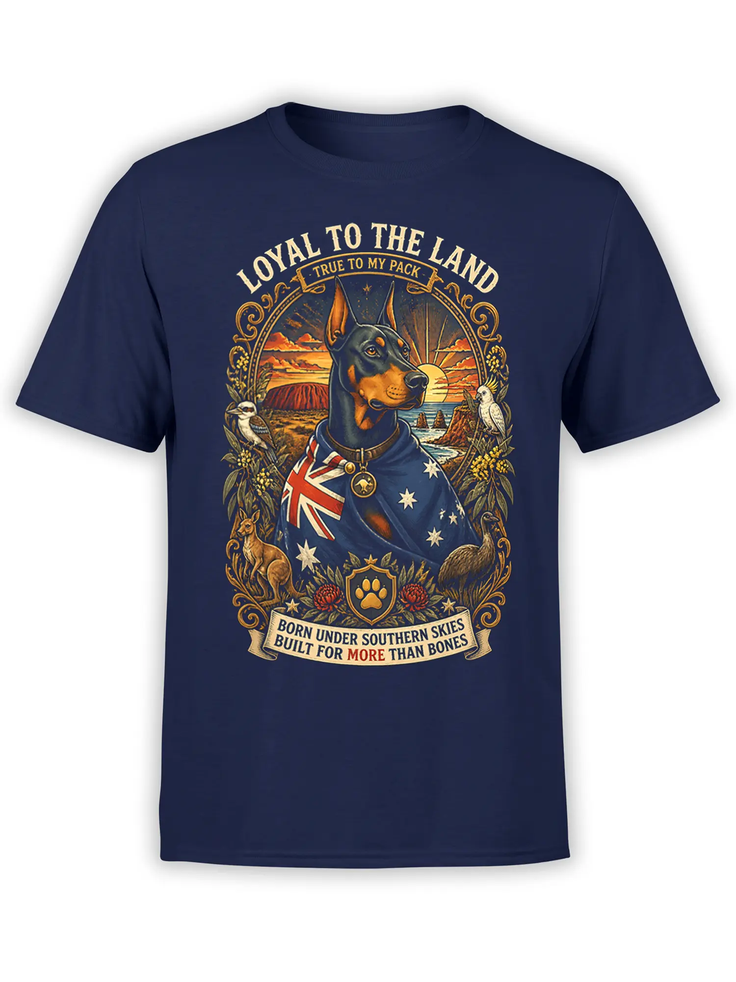 navy unisex t-shirt with heroic Doberman in Australian flag cape, sunset sky, and native wildlife framed in ornate art