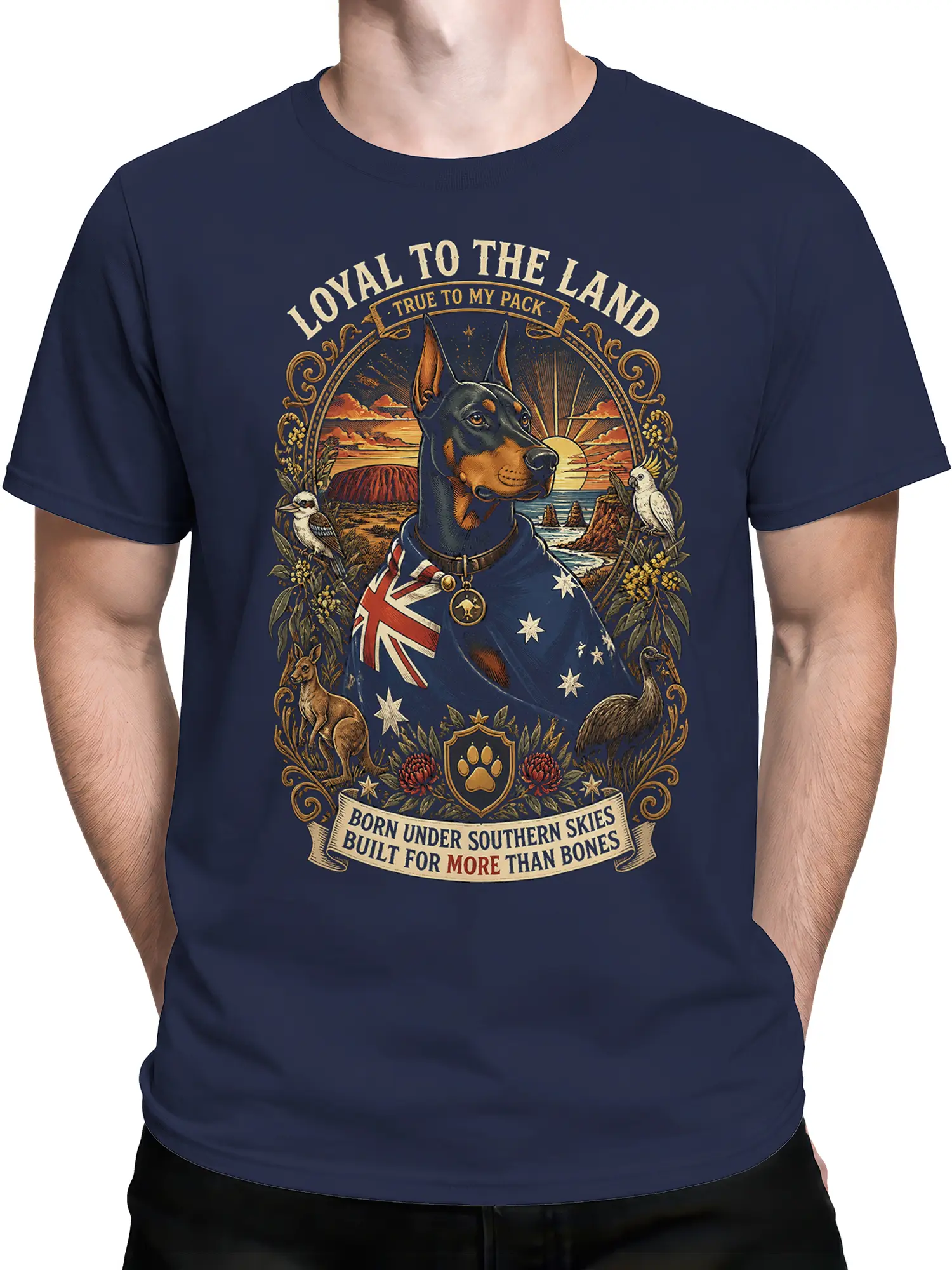 male model wearing navy patriotic Doberman t-shirt with Australian landscape and wildlife art