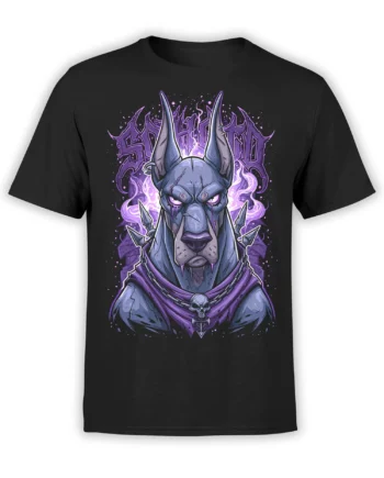 Black unisex t-shirt featuring a dark fantasy Doberman with glowing purple eyes, skull chain, and swirling violet aura in a bold graphic style