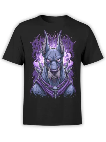 Black unisex t-shirt featuring a dark fantasy Doberman with glowing purple eyes, skull chain, and swirling violet aura in a bold graphic style
