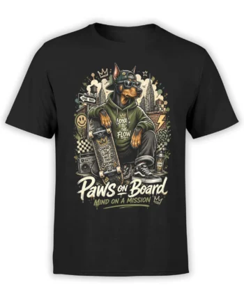 black unisex t-shirt with skater Doberman dog holding a skateboard in a city street art scene with bold urban details