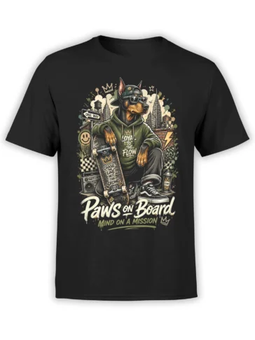 black unisex t-shirt with skater Doberman dog holding a skateboard in a city street art scene with bold urban details