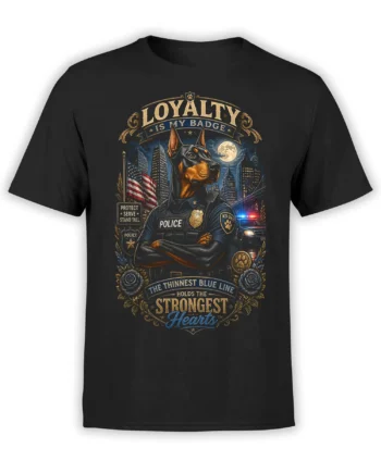 Black unisex T-shirt featuring a Doberman K9 police officer with loyalty quote, city skyline, American flags, and patrol car in blue and gold tones.