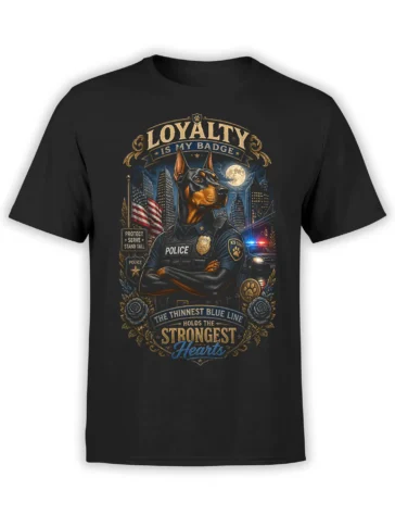 Black unisex T-shirt featuring a Doberman K9 police officer with loyalty quote, city skyline, American flags, and patrol car in blue and gold tones.