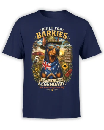 Front view of navy Doberman T-shirt with Australian outback dog in bush hat and sunglasses and Built For Barkies Legendary text