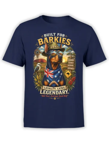 Front view of navy Doberman T-shirt with Australian outback dog in bush hat and sunglasses and Built For Barkies Legendary text