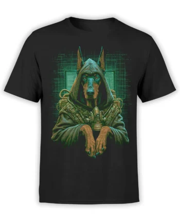 black unisex t-shirt with hooded cyberpunk Doberman dog in neon green sci-fi gear centered on the chest