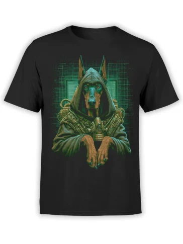 black unisex t-shirt with hooded cyberpunk Doberman dog in neon green sci-fi gear centered on the chest
