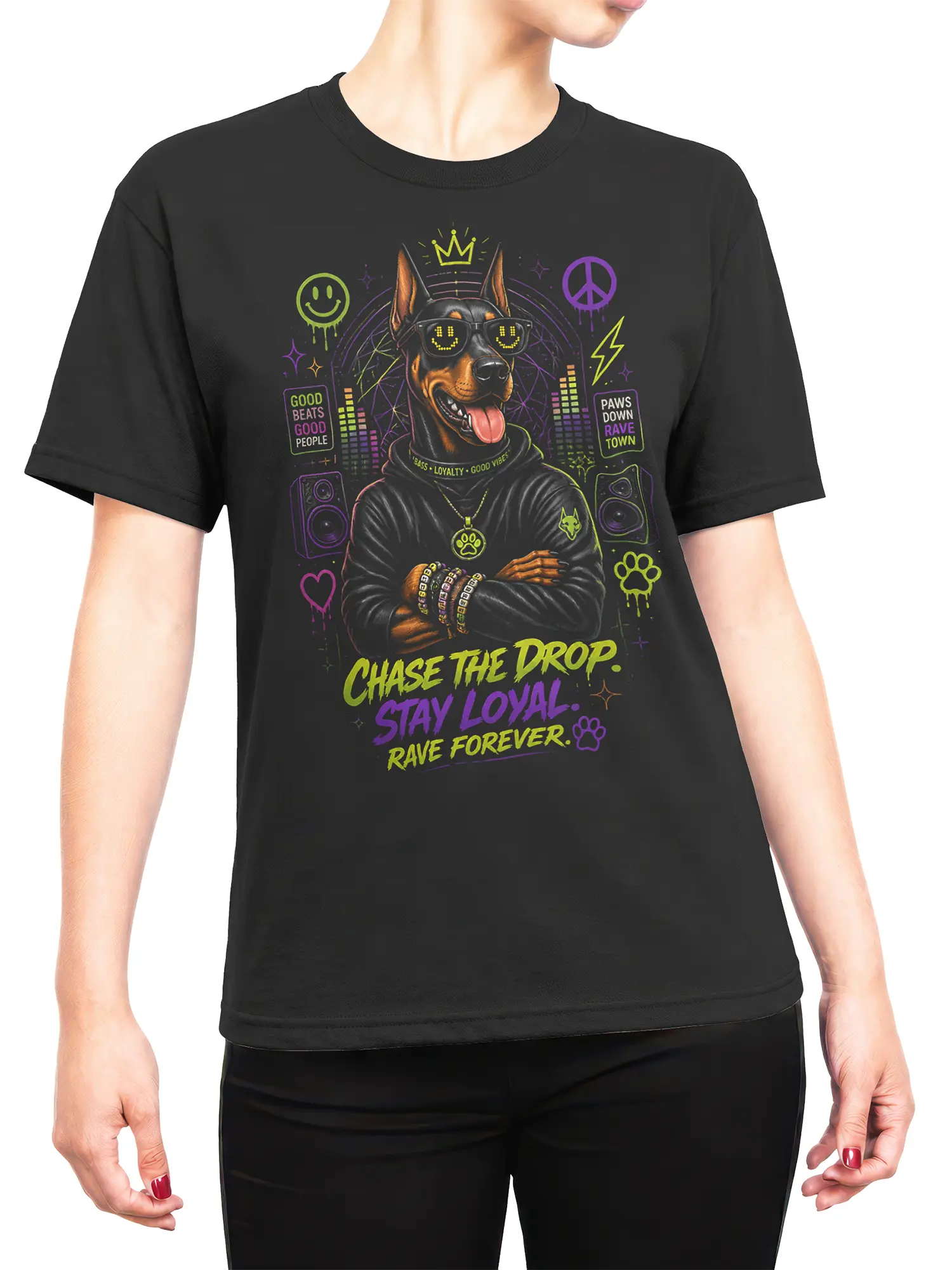 Woman wearing black Doberman rave dog t-shirt with neon Chase The Drop Stay Loyal Rave Forever design.