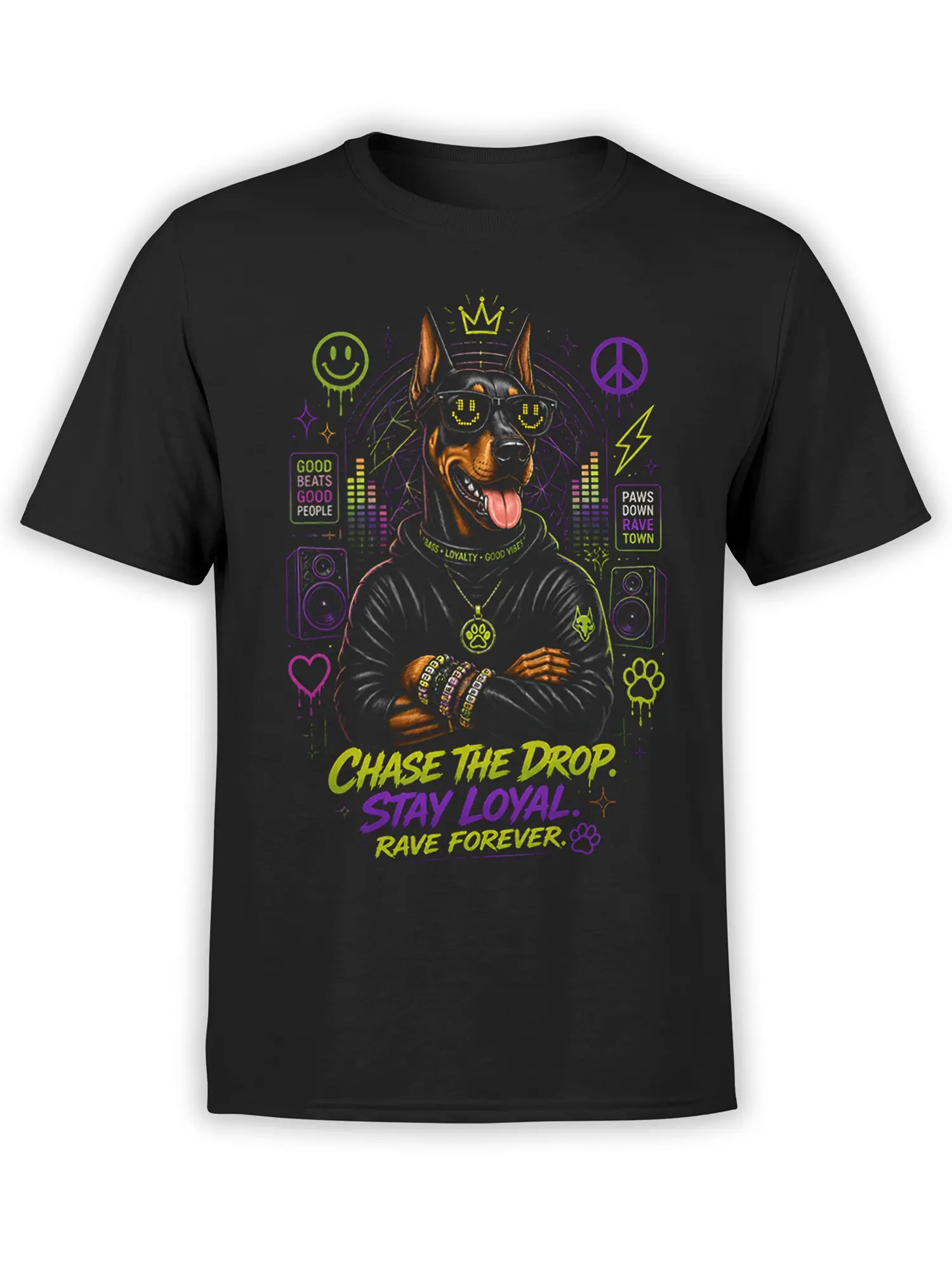 Front view of black unisex t-shirt with neon Doberman rave dog graphic and Chase The Drop Stay Loyal Rave Forever slogan.