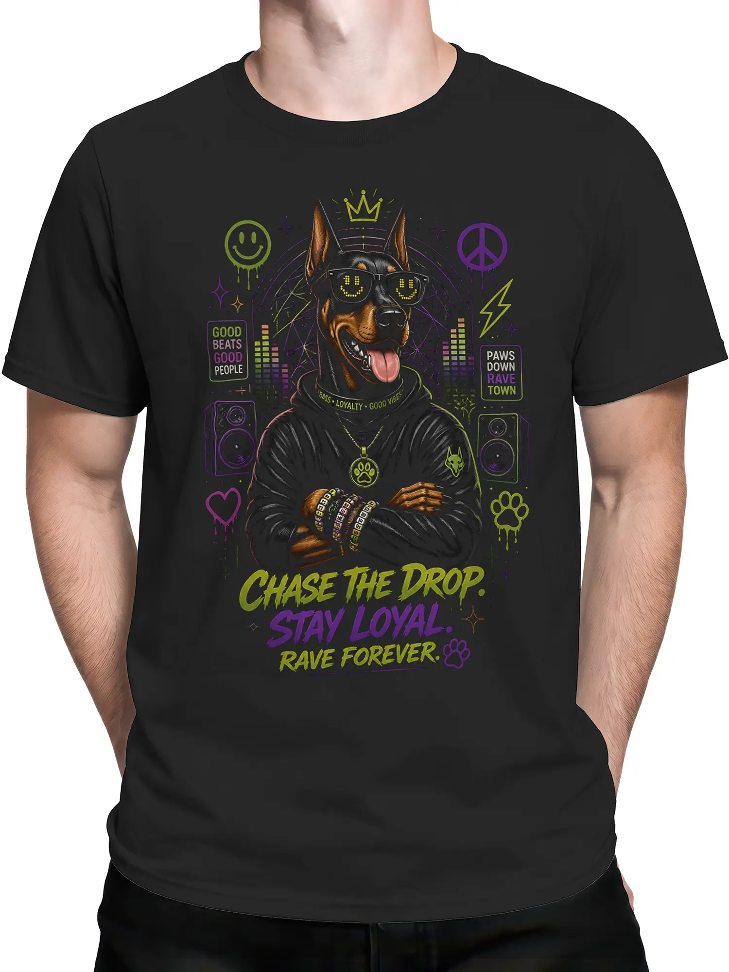 Man wearing black Doberman rave dog t-shirt with neon EDM design and Chase The Drop Stay Loyal Rave Forever text.