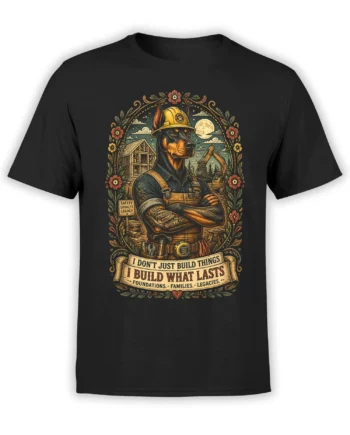 Black Doberman construction worker T-shirt with vintage jobsite art and “I build what lasts” legacy slogan centered on the chest