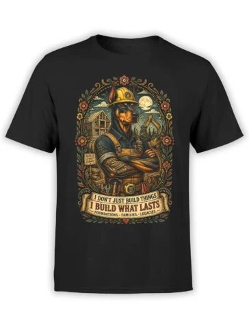 Black Doberman construction worker T-shirt with vintage jobsite art and “I build what lasts” legacy slogan centered on the chest