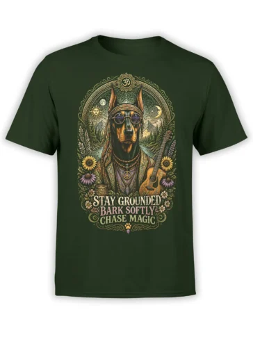 Hippie Doberman graphic on a green unisex t-shirt with flowers, guitar and mystical nature scene plus “Stay Grounded, Bark Softly, Chase Magic” text