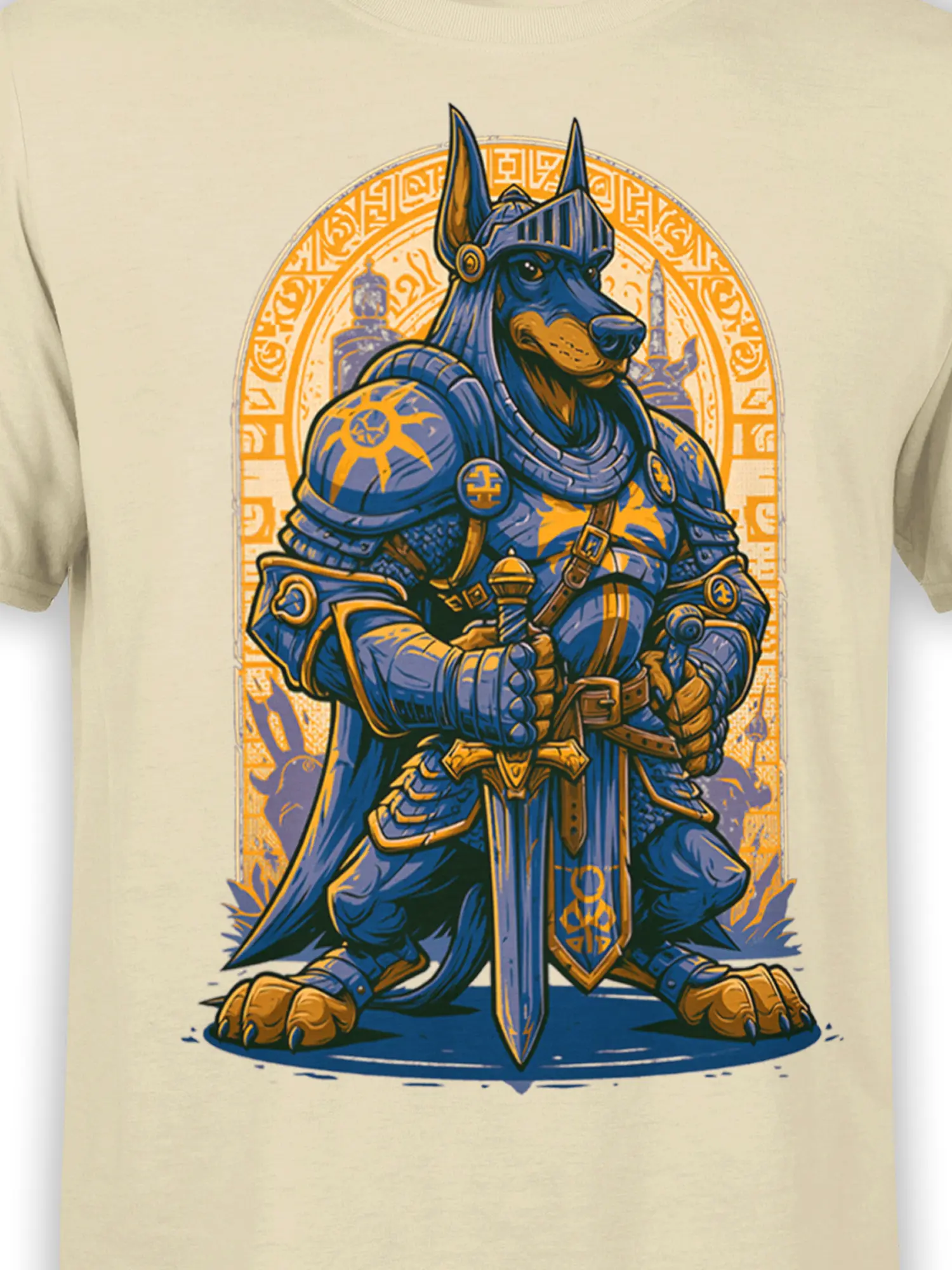 close-up of blue and gold armored Doberman knight graphic with sword and runic background on beige shirt
