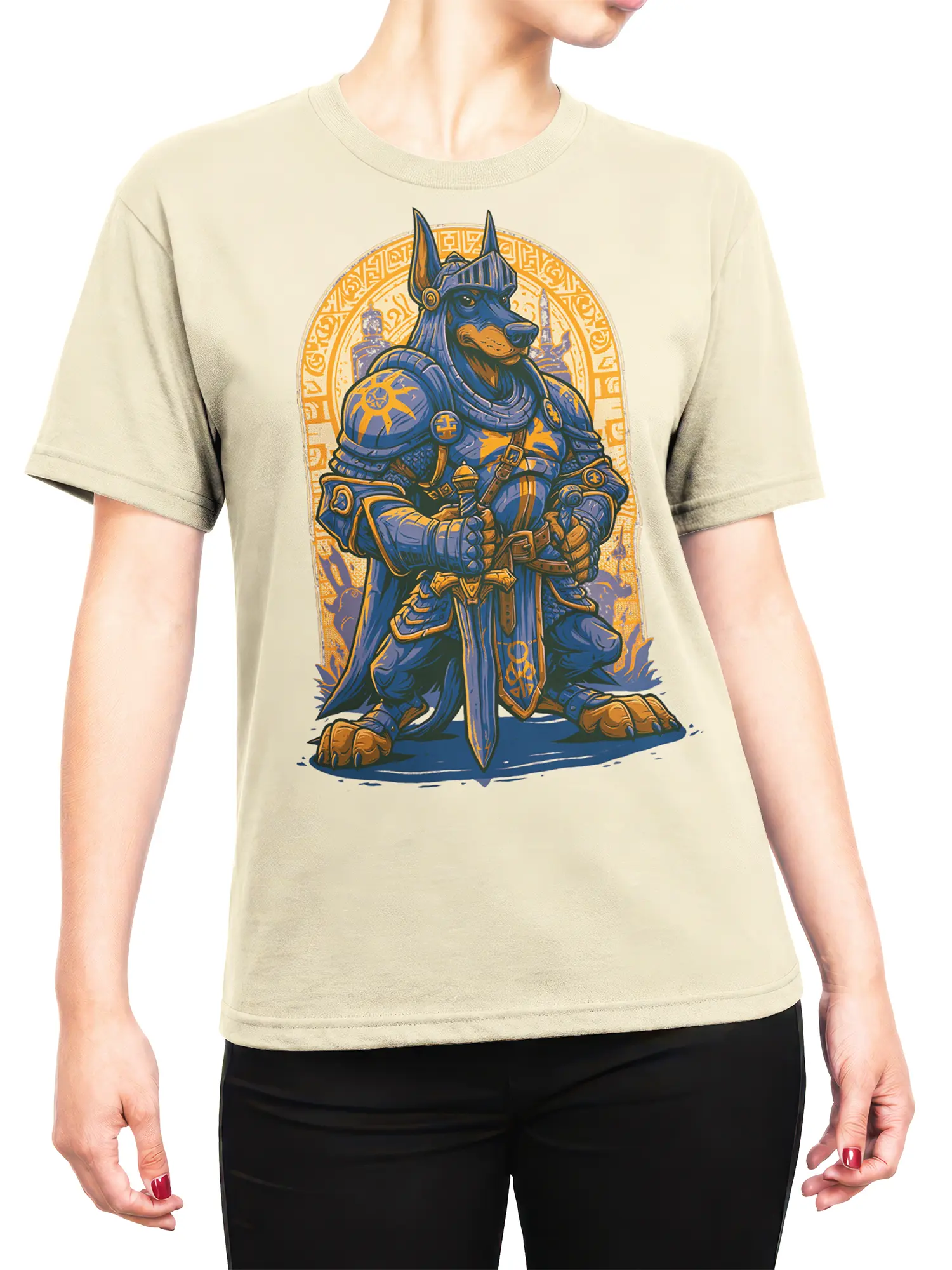 woman wearing beige Doberman knight fantasy tee with blue and gold armored dog design