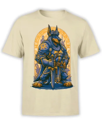 beige unisex t-shirt with detailed blue and gold armored Doberman knight holding a sword in front of a runic arch