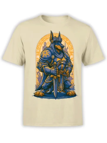 beige unisex t-shirt with detailed blue and gold armored Doberman knight holding a sword in front of a runic arch