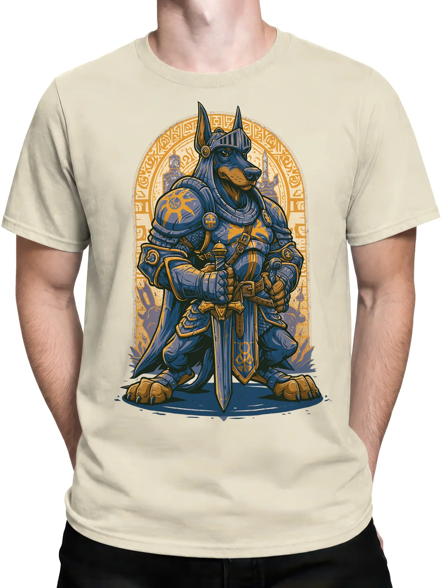 man wearing beige t-shirt with blue and gold armored Doberman knight and sword graphic