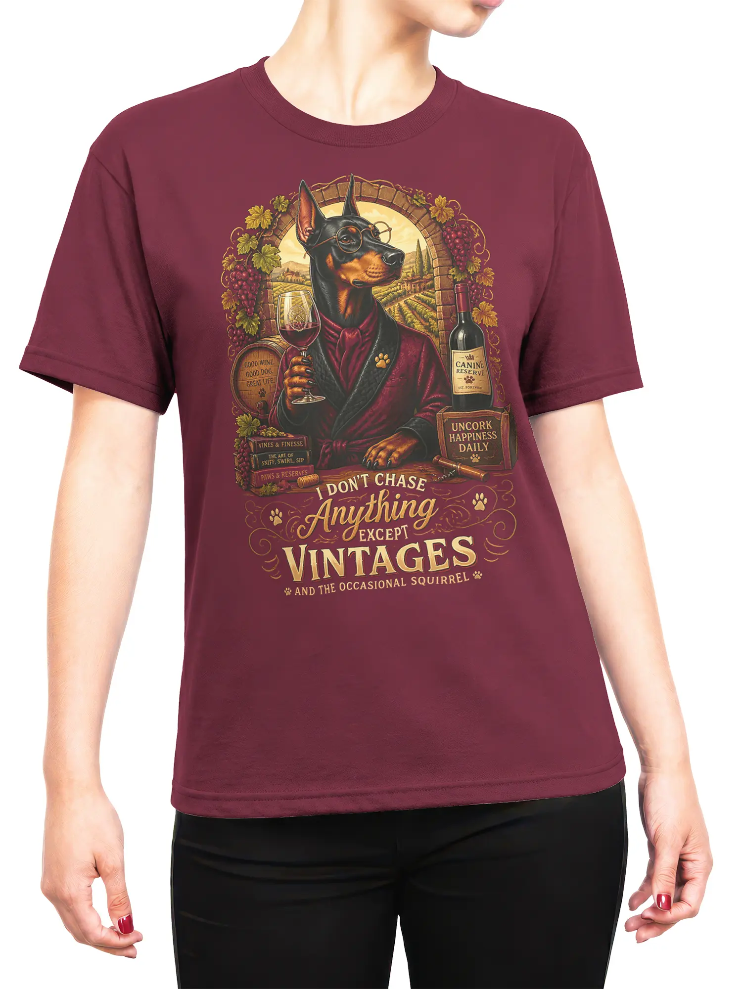 female model wearing burgundy doberman wine lover t-shirt with vintage quote