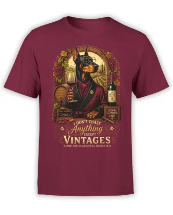 front view of burgundy doberman t-shirt with dapper dog holding wine glass and vintage quote for wine lovers