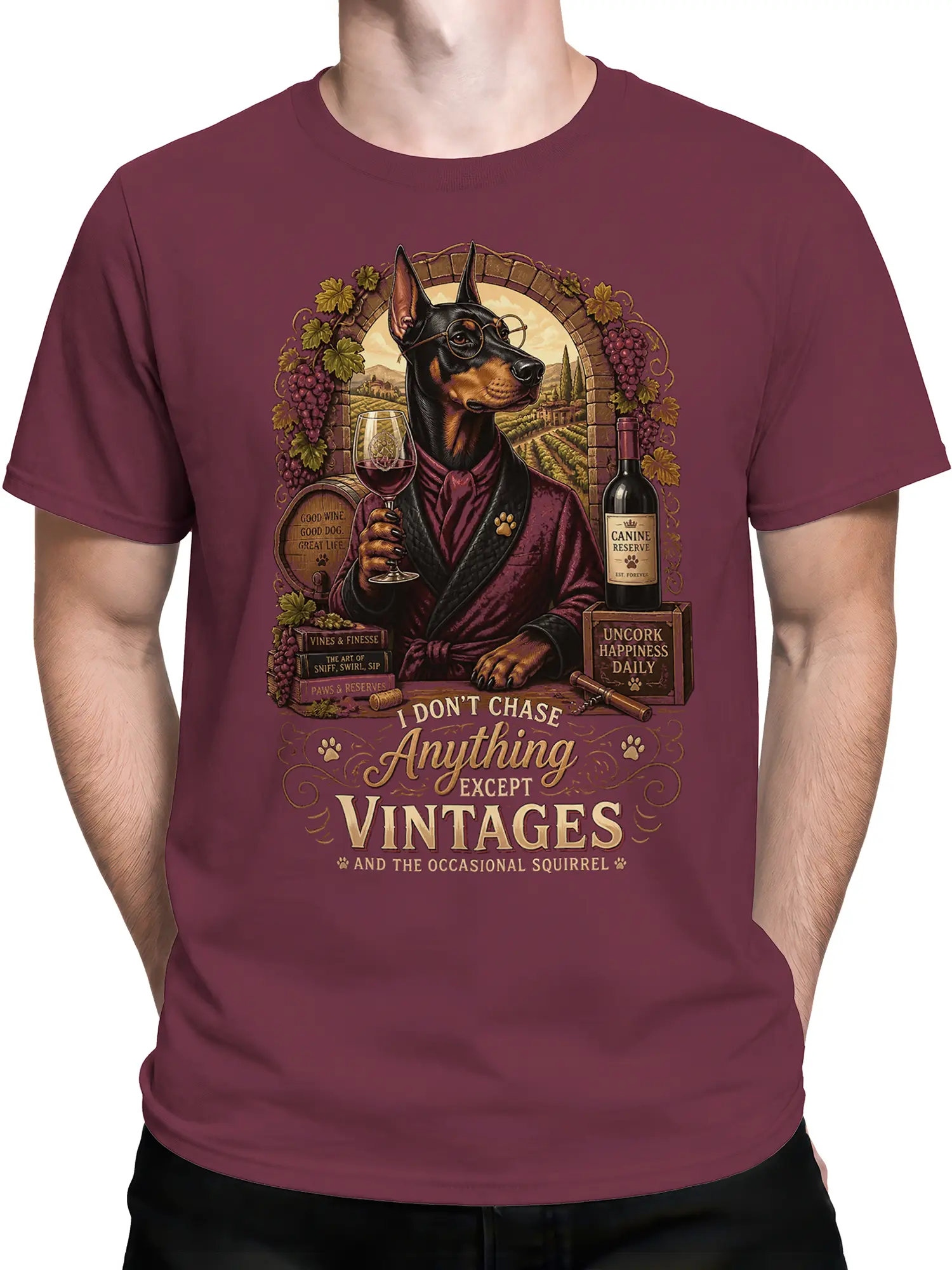 male model wearing burgundy doberman t-shirt with wine glass design and vintage quote