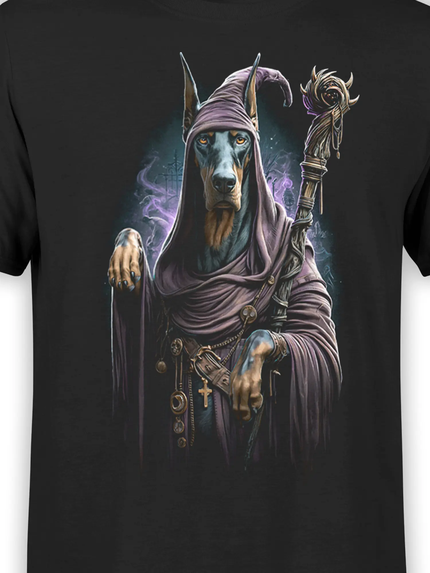 close-up of wizard Doberman dog artwork showing purple robes, charms, and ornate magic staff on black shirt