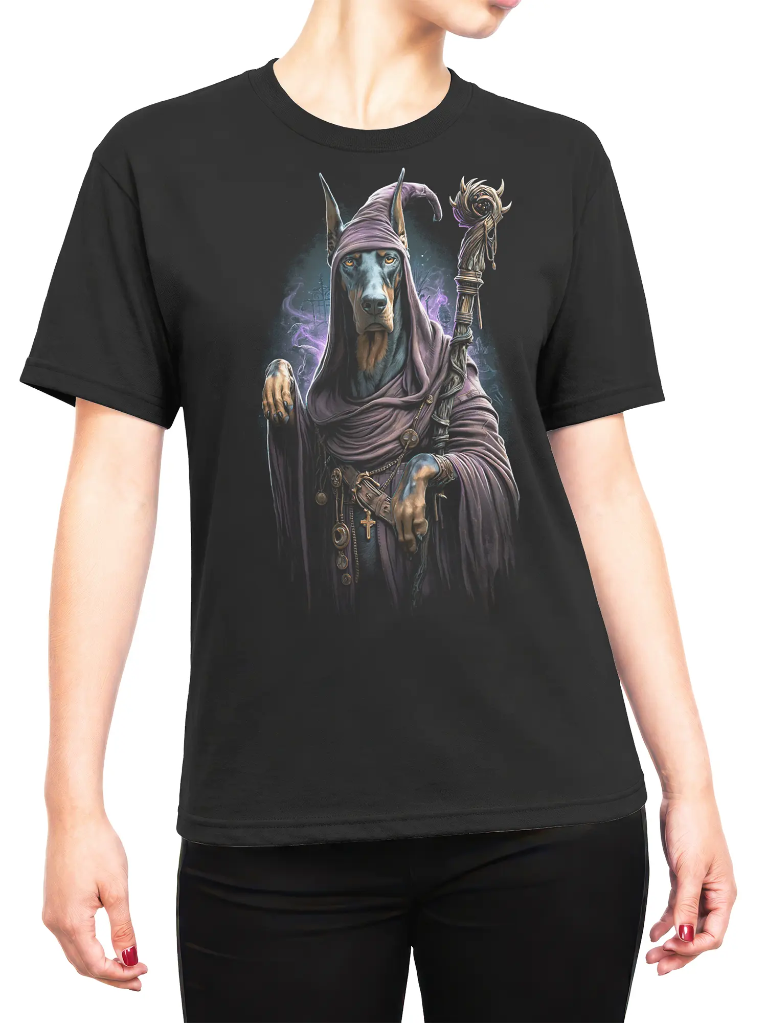 female model wearing black wizard Doberman t-shirt with mystical purple fantasy dog design