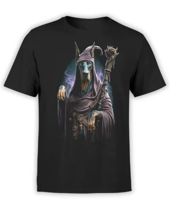 black unisex t-shirt with detailed wizard Doberman dog in purple robe holding a magic staff with glowing violet energy