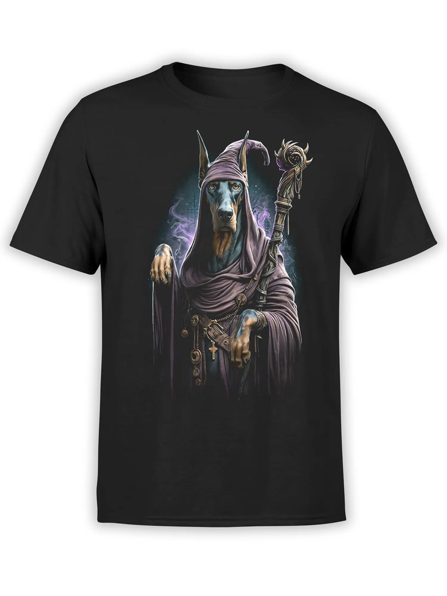 black unisex t-shirt with detailed wizard Doberman dog in purple robe holding a magic staff with glowing violet energy