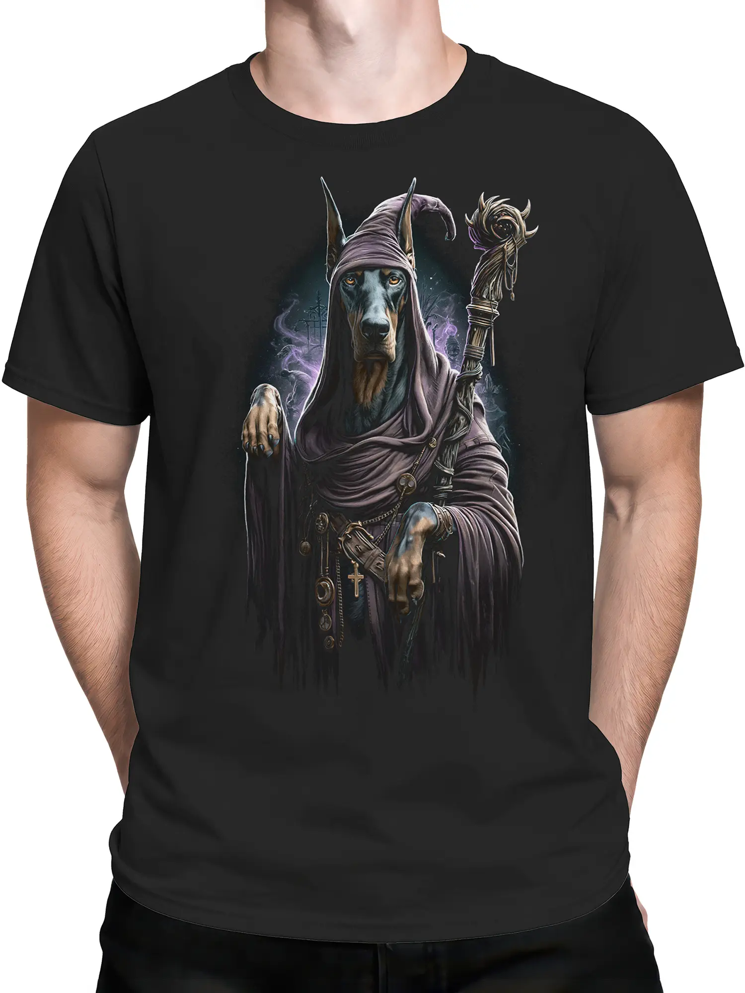 male model wearing black wizard Doberman t-shirt with detailed magical dog artwork