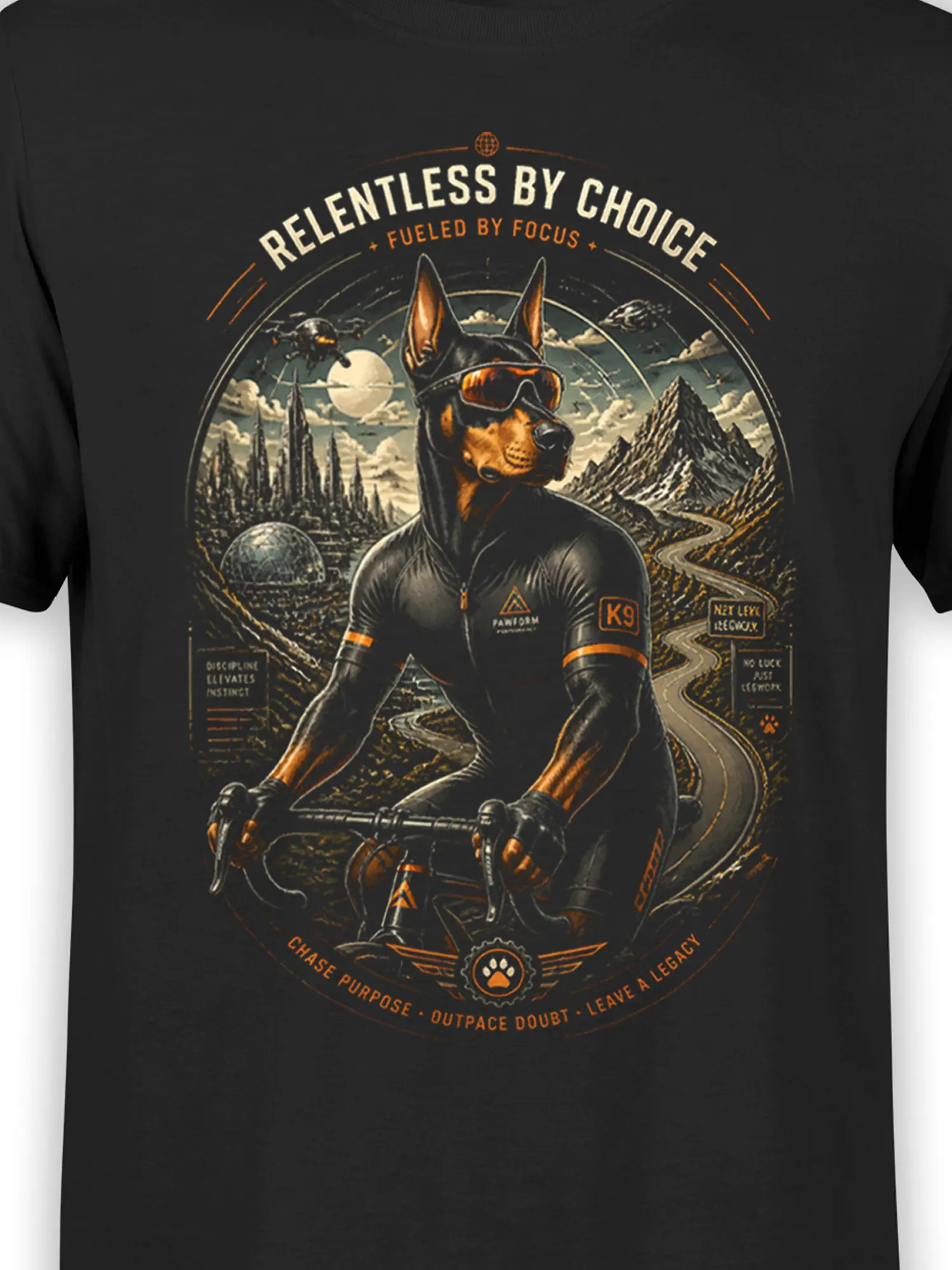 Close-up of Doberman cyclist illustration with sunglasses, cycling suit, and motivational phrases on black fabric