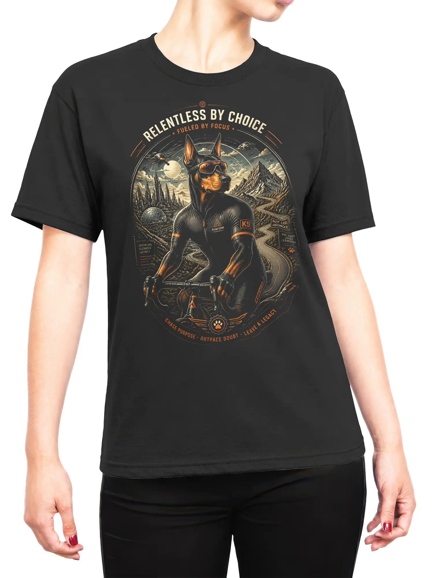Woman wearing black Doberman cyclist motivational t-shirt with sci-fi road scene and bold lettering