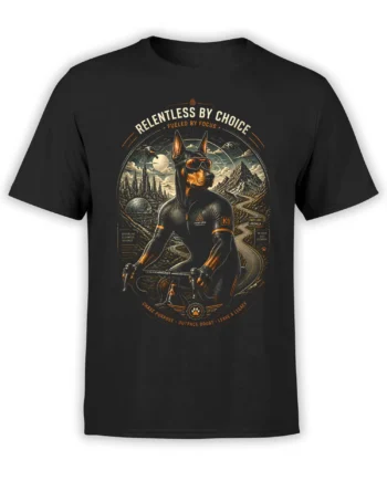 Black unisex t-shirt with a detailed Doberman cyclist graphic, sci-fi mountains and city, and “Relentless by Choice” motivational text