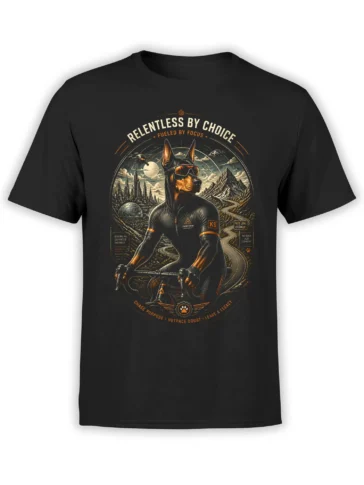 Black unisex t-shirt with a detailed Doberman cyclist graphic, sci-fi mountains and city, and “Relentless by Choice” motivational text