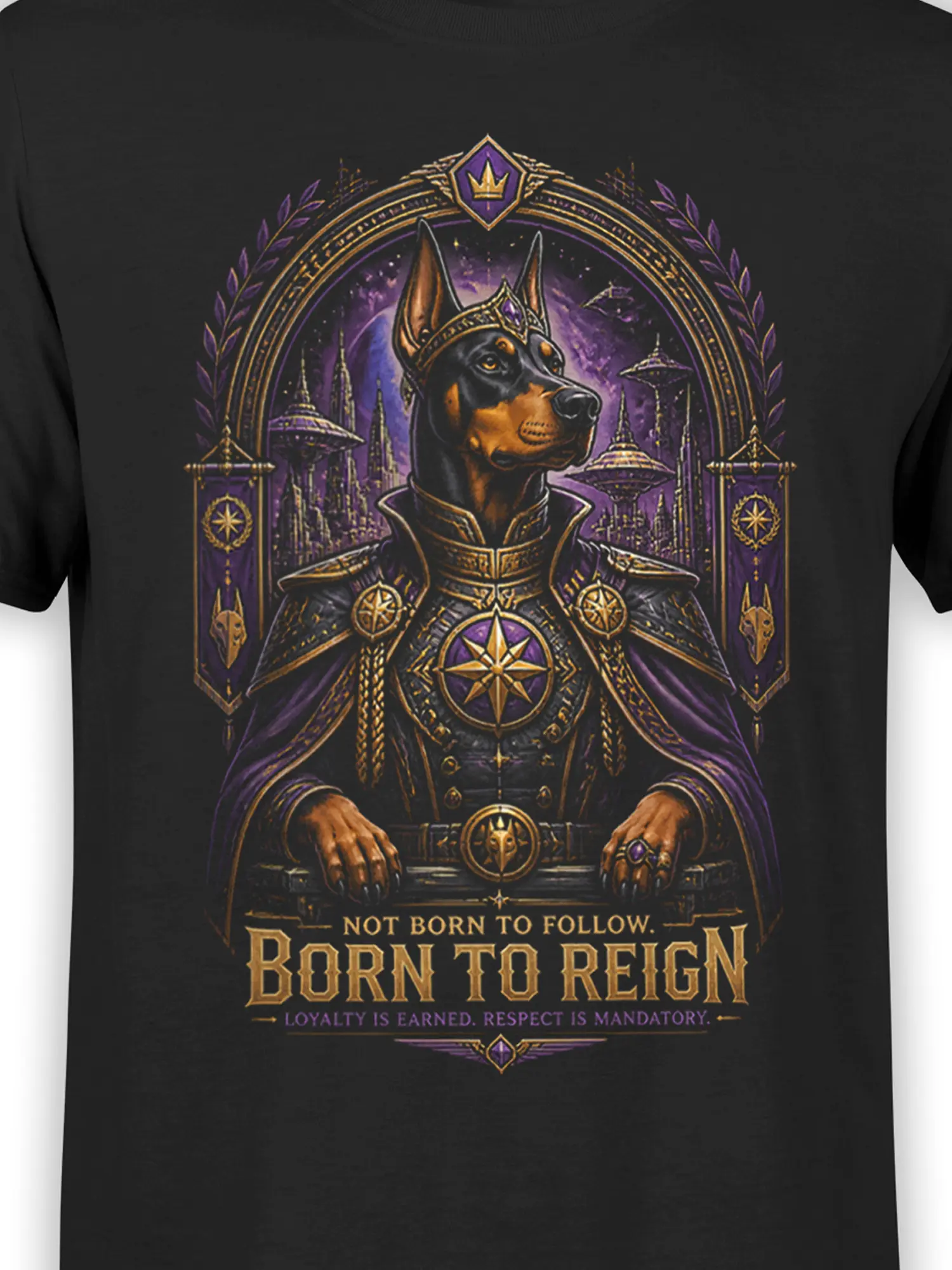 close-up of the detailed Doberman commander artwork with crown, armor, and galactic city background on black cotton fabric