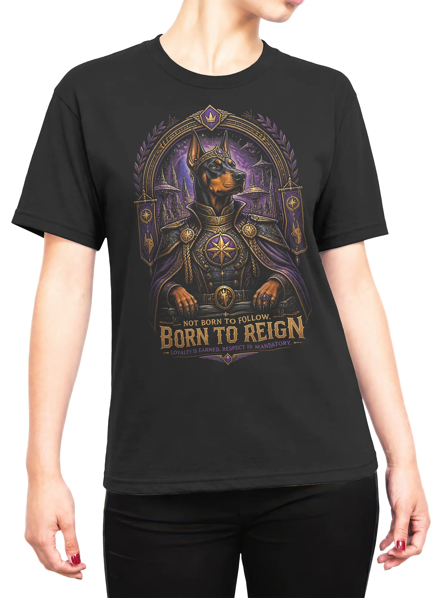 female model wearing black Doberman Born To Reign sci-fi graphic tee with regal purple and gold artwork