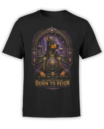 black unisex t-shirt with detailed purple and gold sci-fi Doberman ruler design and Born To Reign slogan on the front