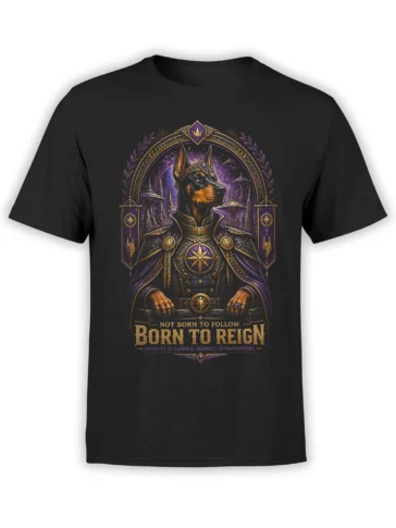 black unisex t-shirt with detailed purple and gold sci-fi Doberman ruler design and Born To Reign slogan on the front