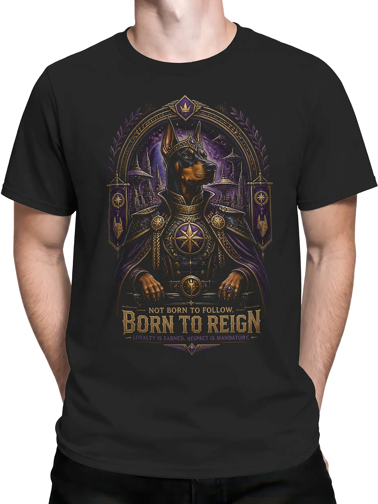 male model in black Doberman leader t-shirt with ornate purple and gold galactic design across the chest