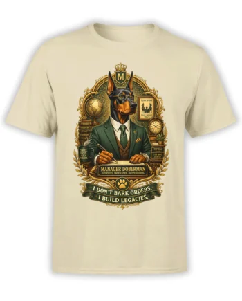 Beige unisex T-shirt with a detailed Doberman manager in a green suit and the quote “I Don’t Bark Orders. I Build Legacies.”