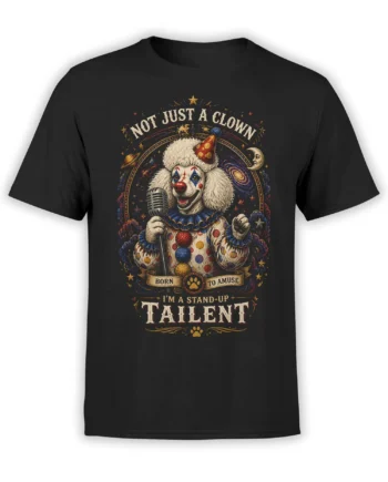 black unisex T-shirt with a vintage clown poodle stand-up comedy design framed by stars, planets, and cosmic circus details