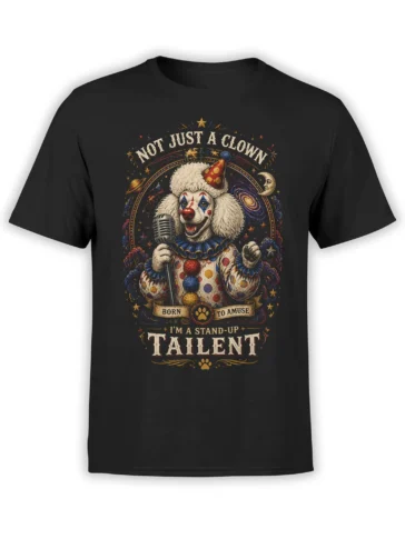 black unisex T-shirt with a vintage clown poodle stand-up comedy design framed by stars, planets, and cosmic circus details