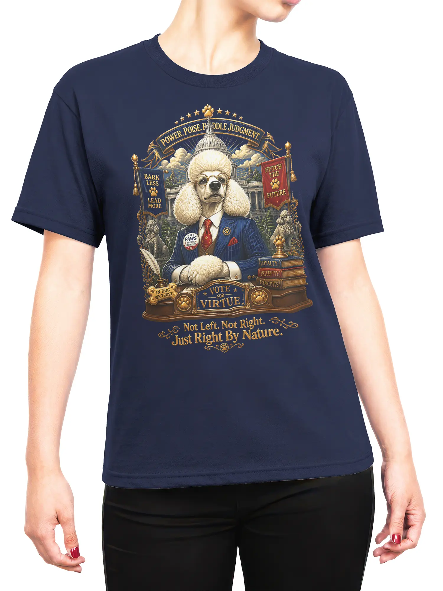 female model wearing navy poodle politician shirt with ornate vote for virtue design centered on the chest