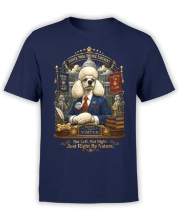 navy unisex shirt with a detailed regal poodle politician illustration and vote for virtue campaign artwork in front of the Capitol