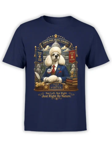 navy unisex shirt with a detailed regal poodle politician illustration and vote for virtue campaign artwork in front of the Capitol