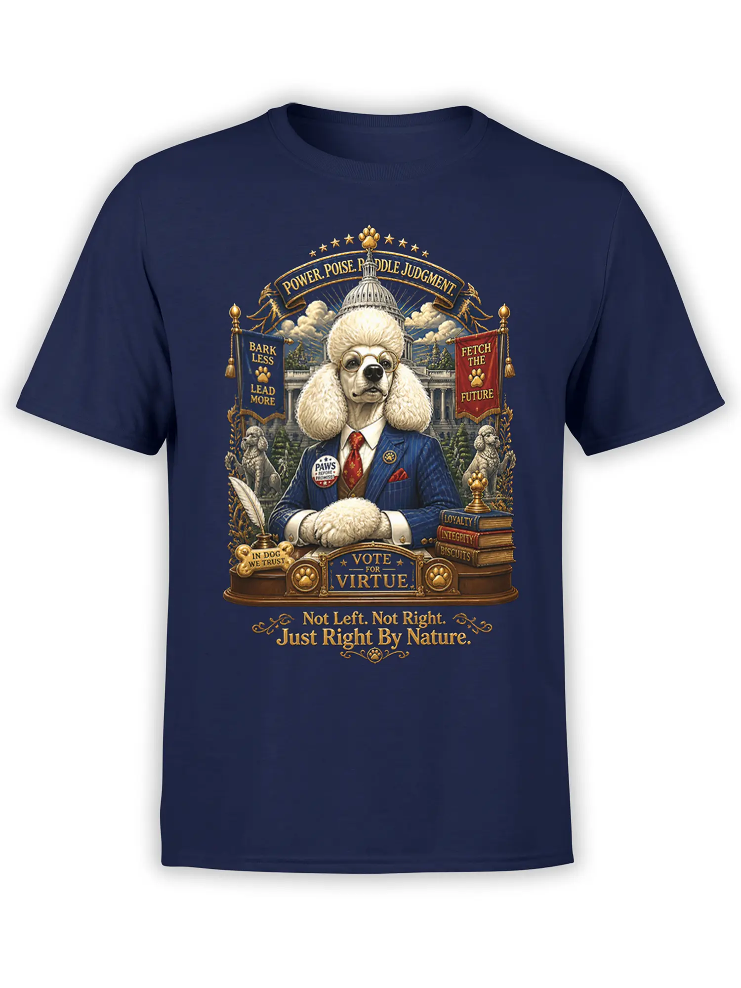 navy unisex shirt with a detailed regal poodle politician illustration and vote for virtue campaign artwork in front of the Capitol