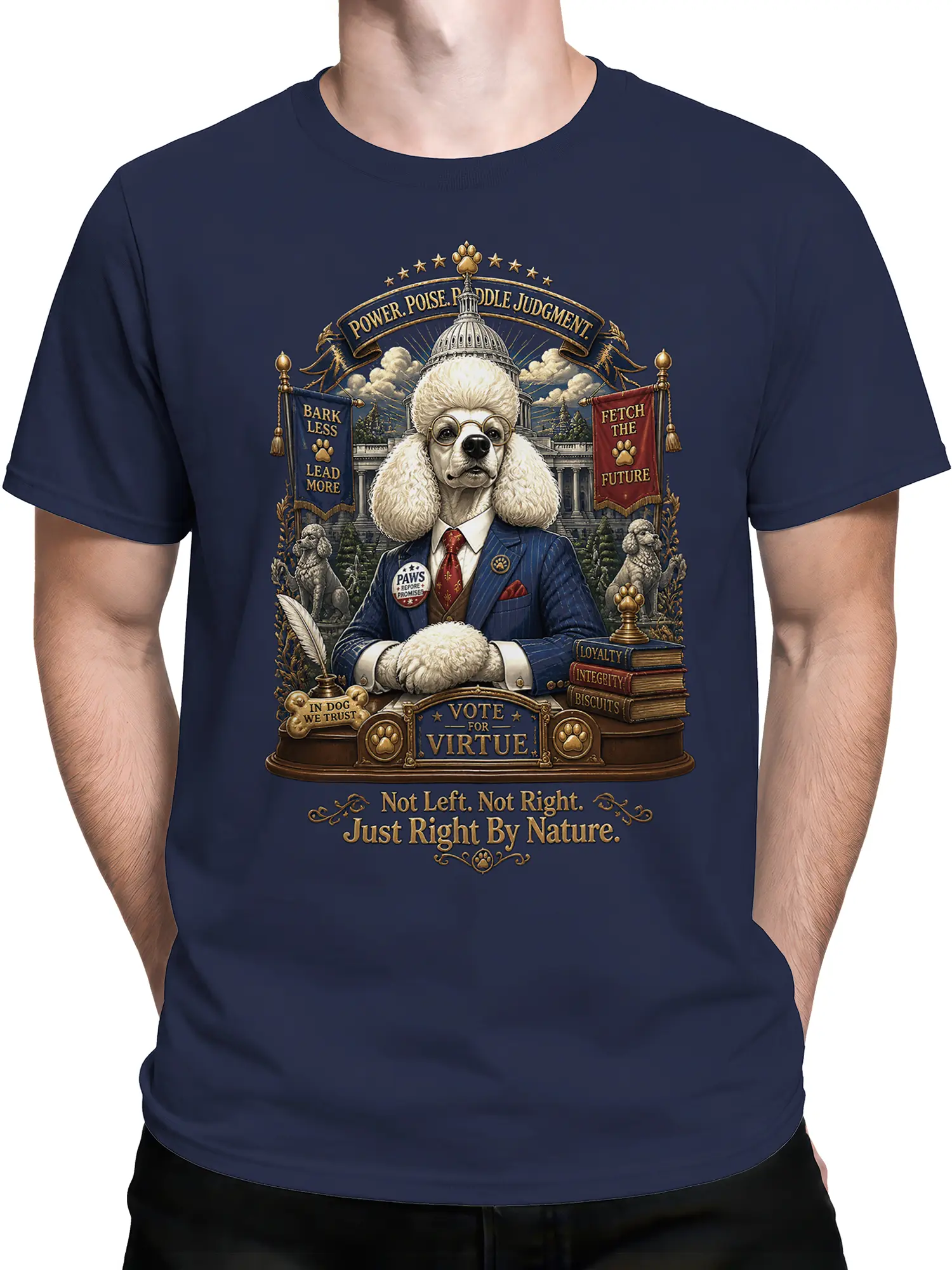 male model wearing navy poodle in chief shirt with detailed political dog illustration and campaign slogans