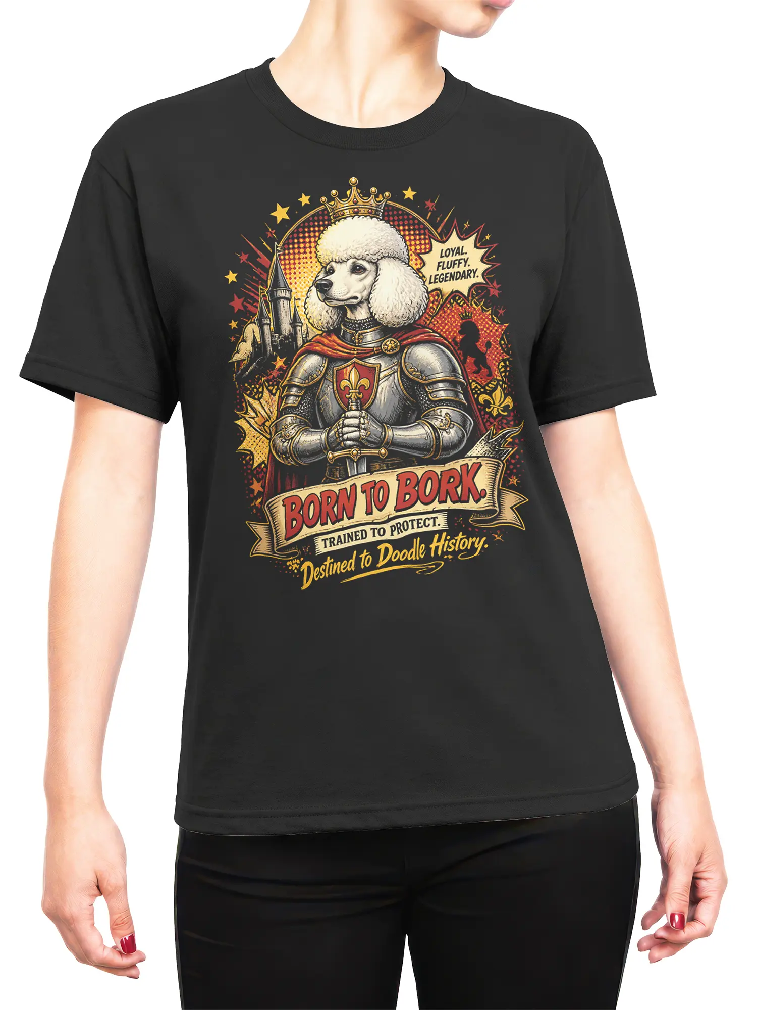 Woman wearing the black Born to Bork poodle knight T-shirt, showing the full medieval comic dog design on the front.