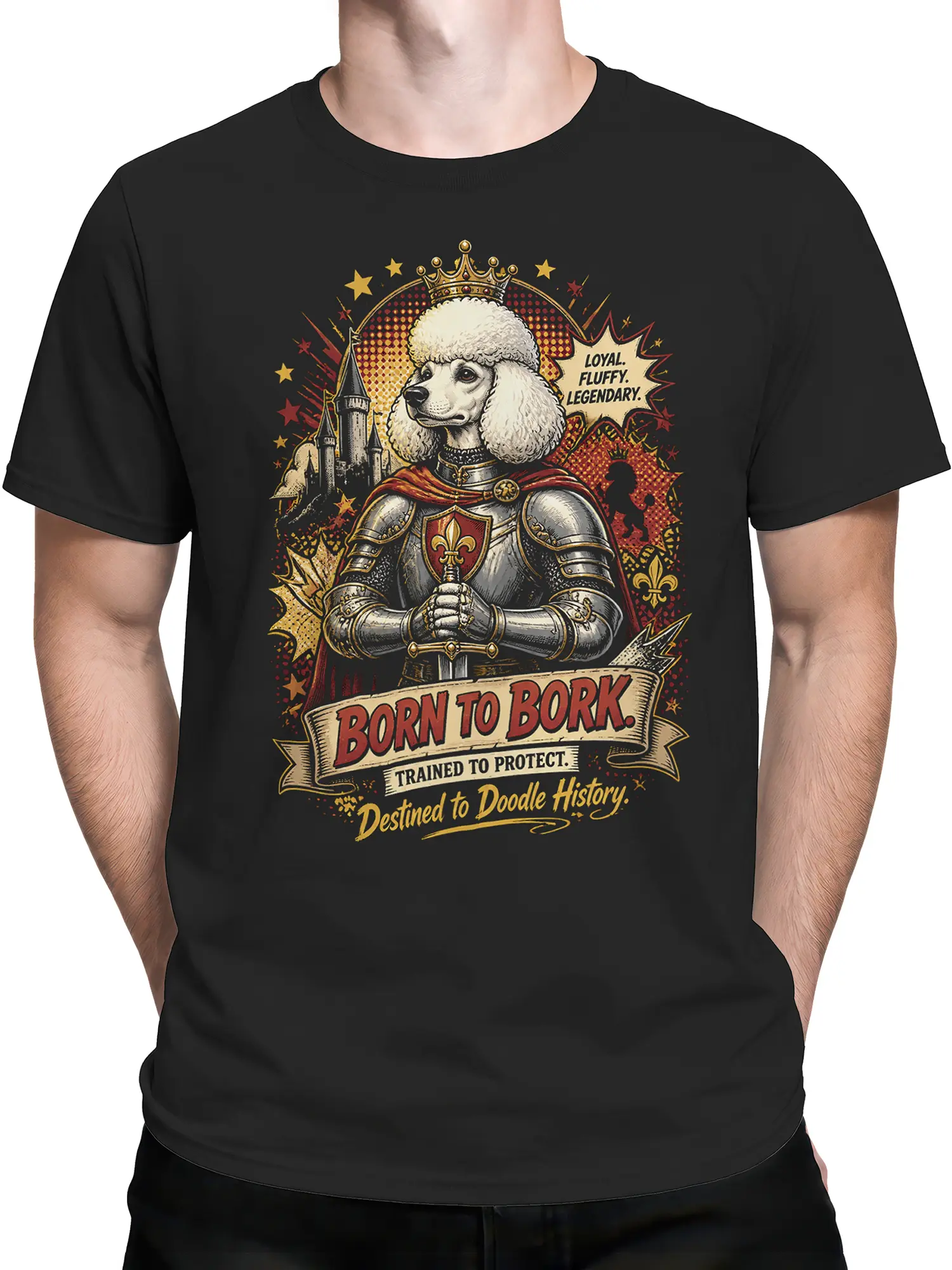 Man wearing the black poodle knight “Born to Bork” T-shirt, displaying the full front graphic and relaxed unisex fit.